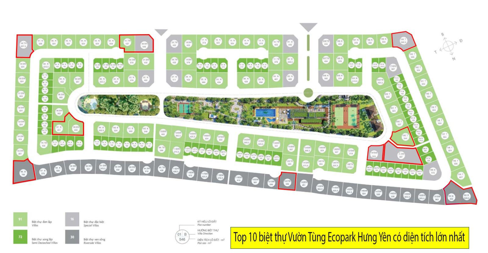 Top 10 lô biệt thự Vườn Tùng Ecopark Hưng Yên có diện tích lớn nhất tại dự án.